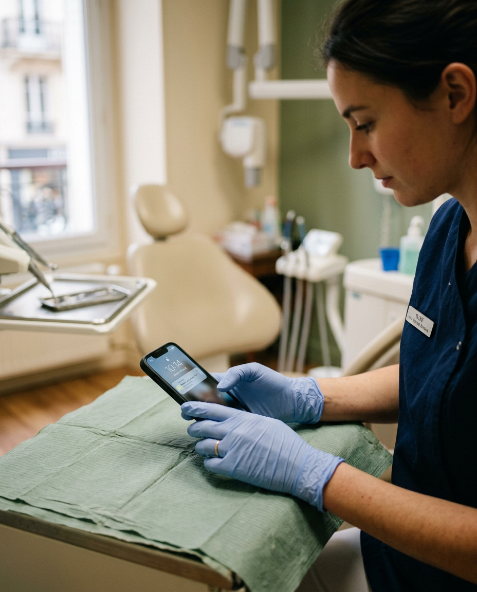 Assistante dentaire consultant un message sur son téléphone entre deux rendez-vous